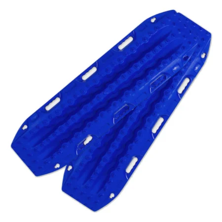 Blue plastic sled (toboggan) with built-in white handles along each side for carrying or grip, shown on a white background.